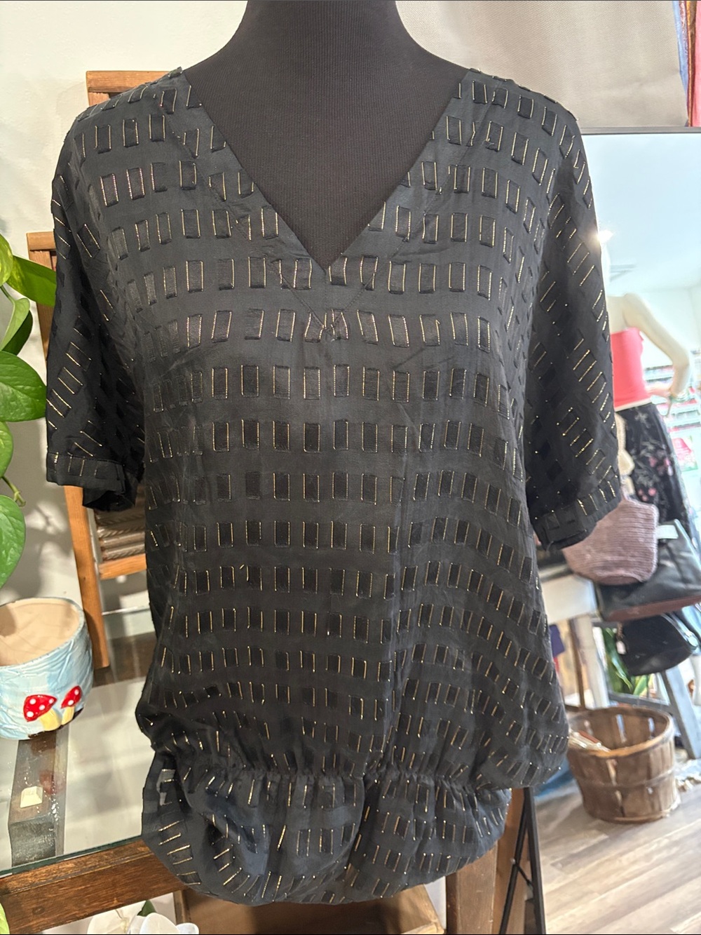 Women's Black V-Neck Short Sleeve Blouse with Gold-Accent Detailing